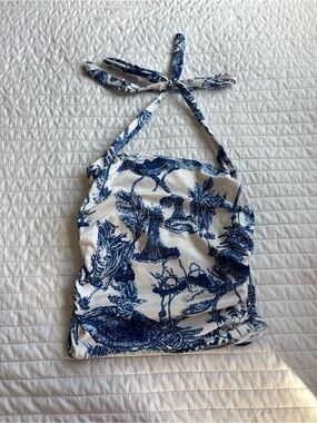 SHEIN White and Blue Printed Halter Tank Top